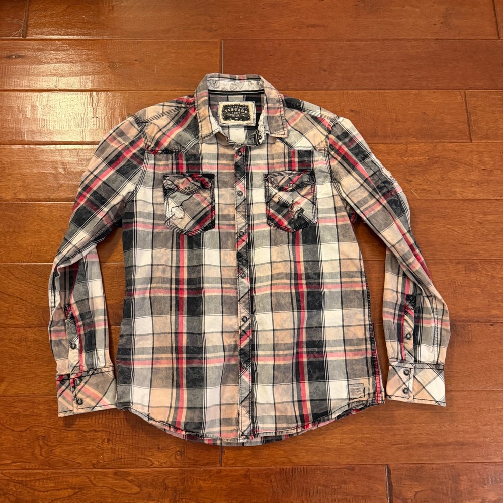 BKE Button Down Mens Size M Multi Color Vintage Plaid Western Pearl Snap Shirt